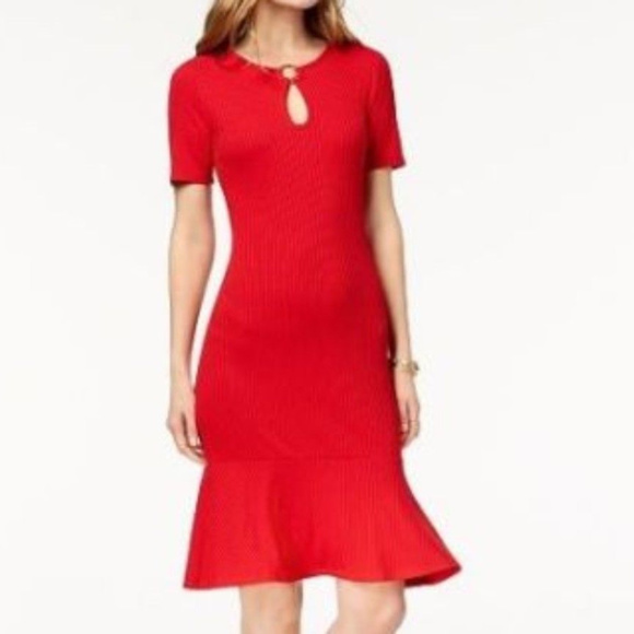 Michael Kors Ribbed Fit & Flare Keyhole Red Dress - Picture 1 of 4